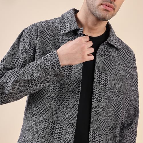 Image of Urban Scottish Men's Oversized Shacket,Cotton Jacquard, Long Sleeve Button Down Collared Shirt, Long Fit, Stylish Casual Outerwear, Jacket for Men - Black & Grey