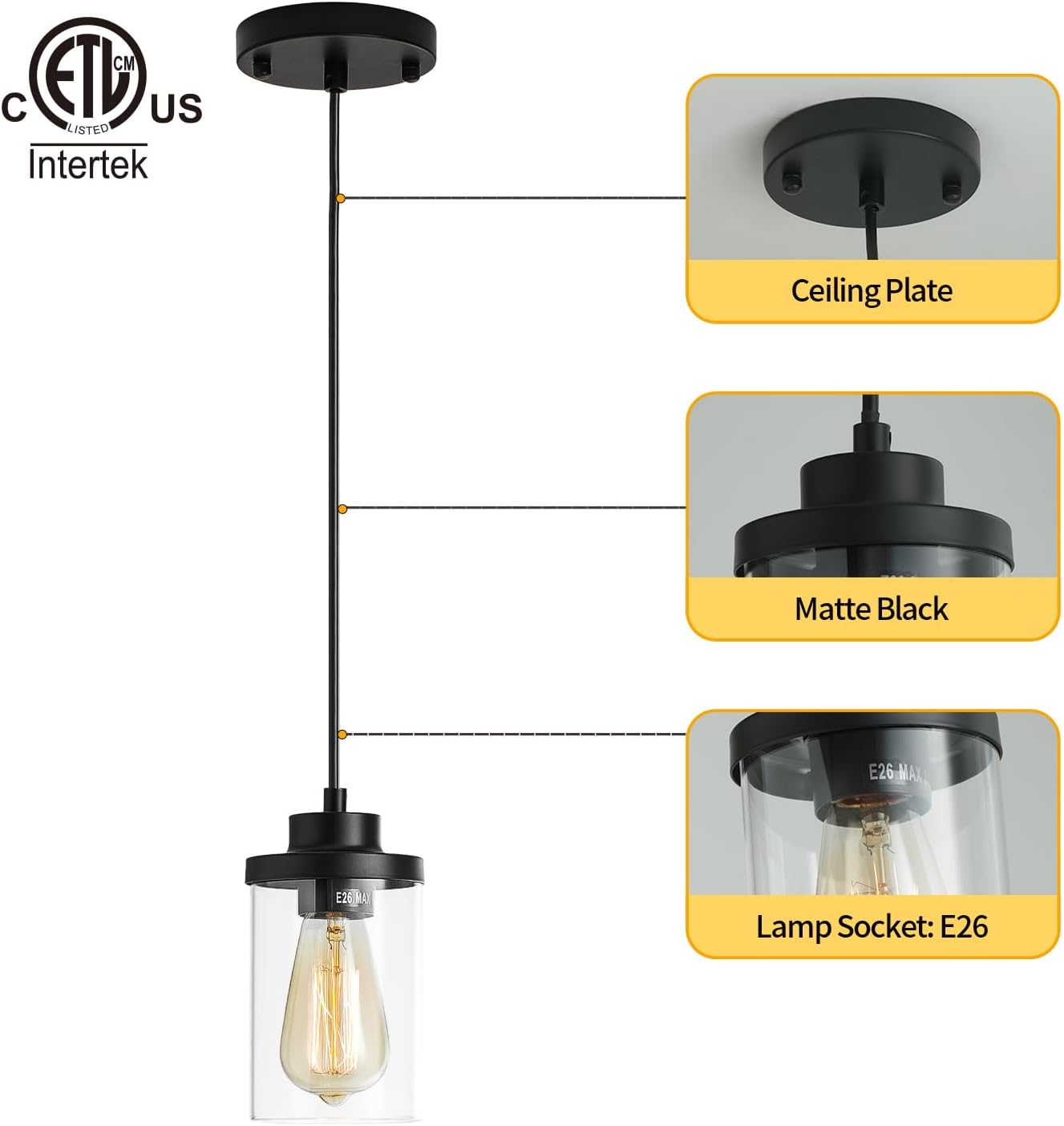 mirrea Adjustable Pendant Light with E26 Base, Industrial Clear Glass Shade Farmhouse Hanging Fixture for Kitchen Island, Bedroom, Living Room, Matte Black, 2 Pack