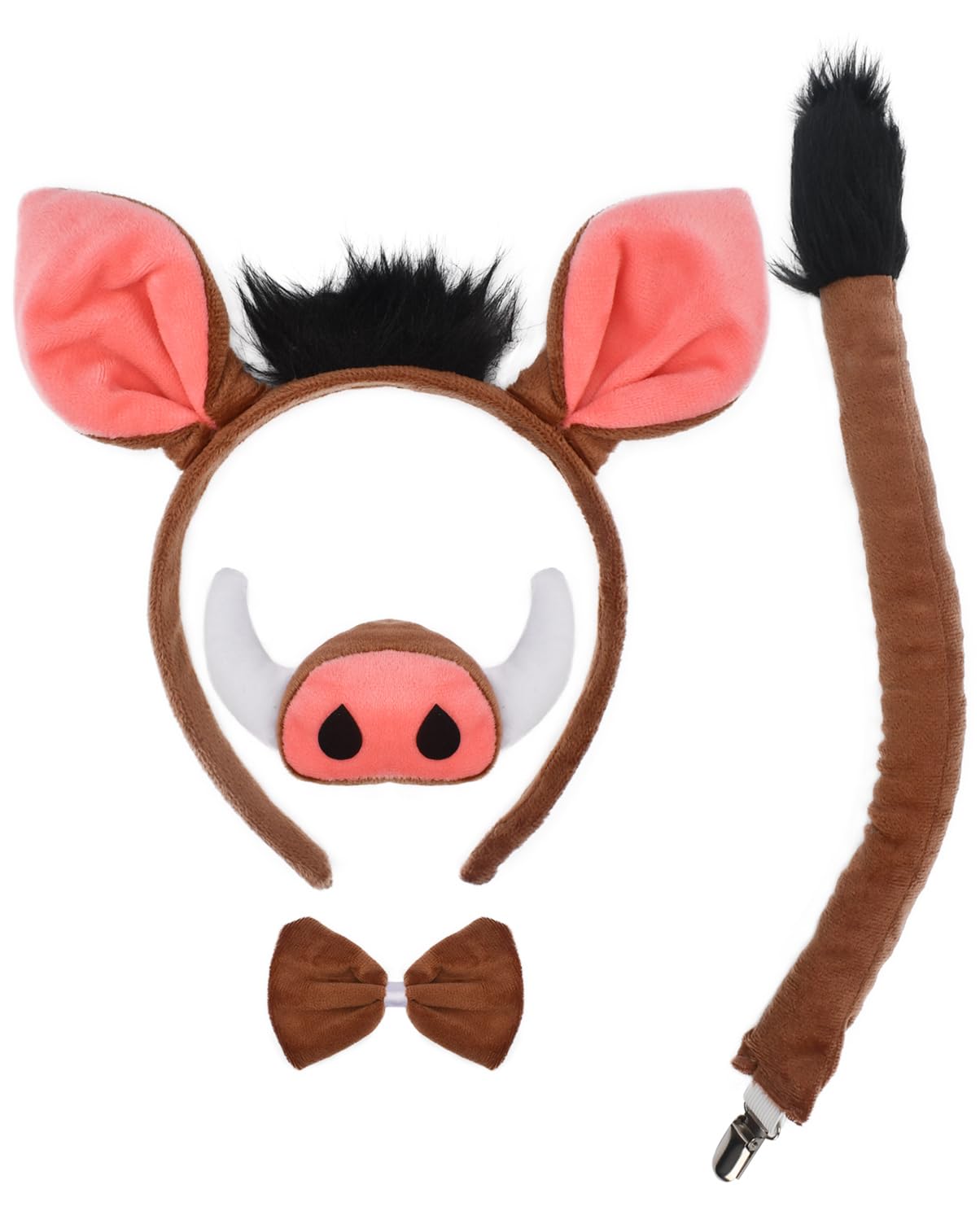 4 Pieces Warthog Ears and Tail Set - Wild Boar Headband with Nose Tail Bow Tie Cosplay Party Halloween Costume Accessories for Kids and Adults