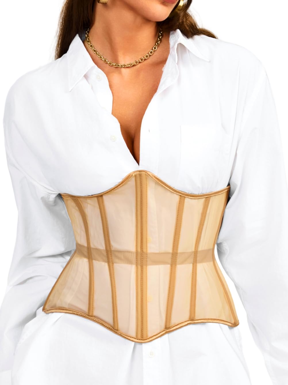 ChiaoLezhee Underbust Corset Belt for Women, Mesh Lace-Up Boned Waist Cincher, Shapewear for Weddings & Going Out