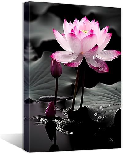 QIXIANG Lienzo Zen para pared, pinturas de flores de loto rosa, cuadro de lirio de agua floral negro, blanco y rosa, para decoración de pared de