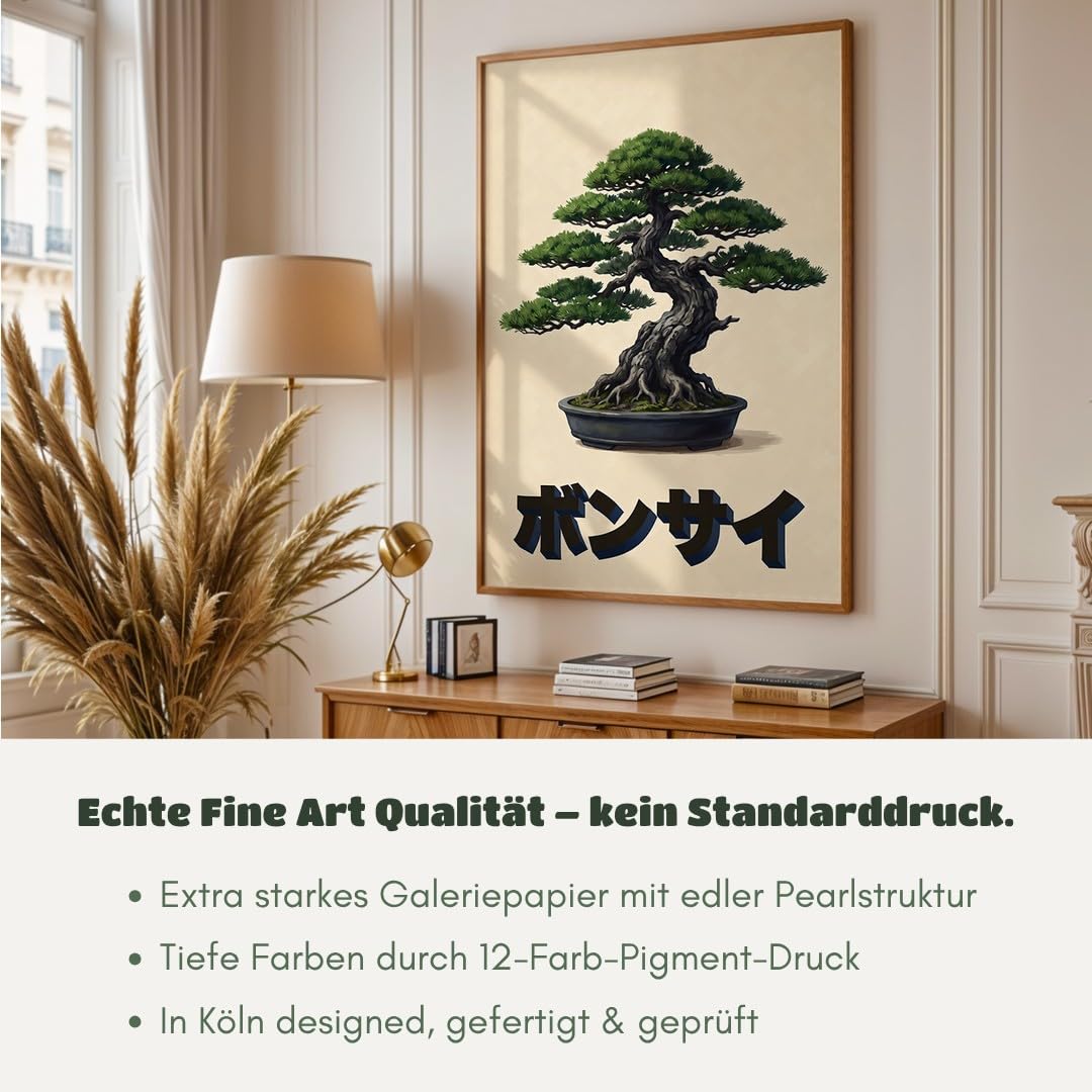 MJ-GRAPHICS® Poster Bonsai Kunstdruck asiatisch Wandbild Zen Garten Deko Wohnzimmer Wanddeko Vintage Stil grün beige Schlafzimmer Bilder Meditationsraum 50x70 mit beigem Rahmen