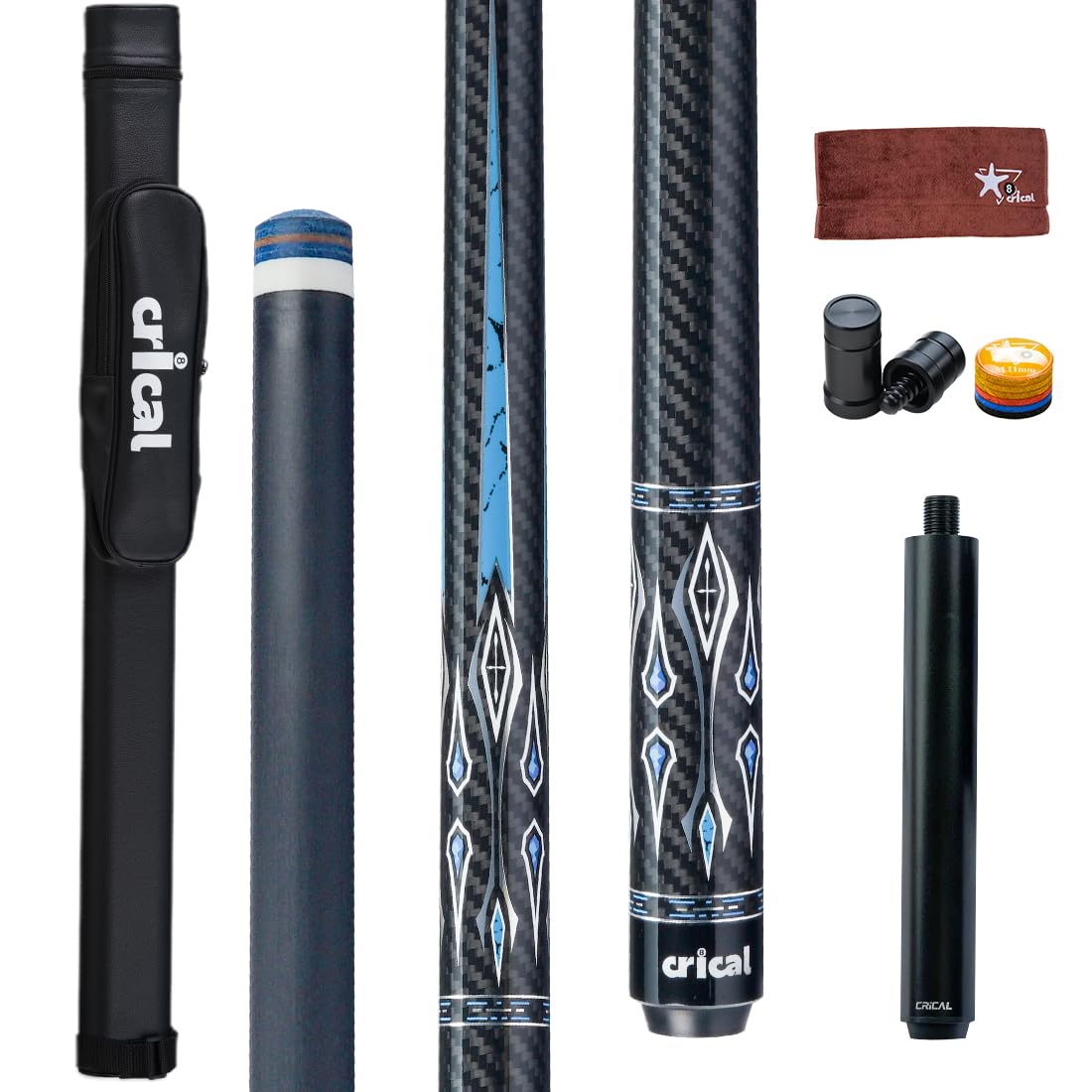 CRICAL Carbon Fiber Pool Cue Stick 58" Billiard Cue Sticks Professional Low Deflection Pool Sticks with 3/8 * 8 Pin Joint and 12.5mm Tip