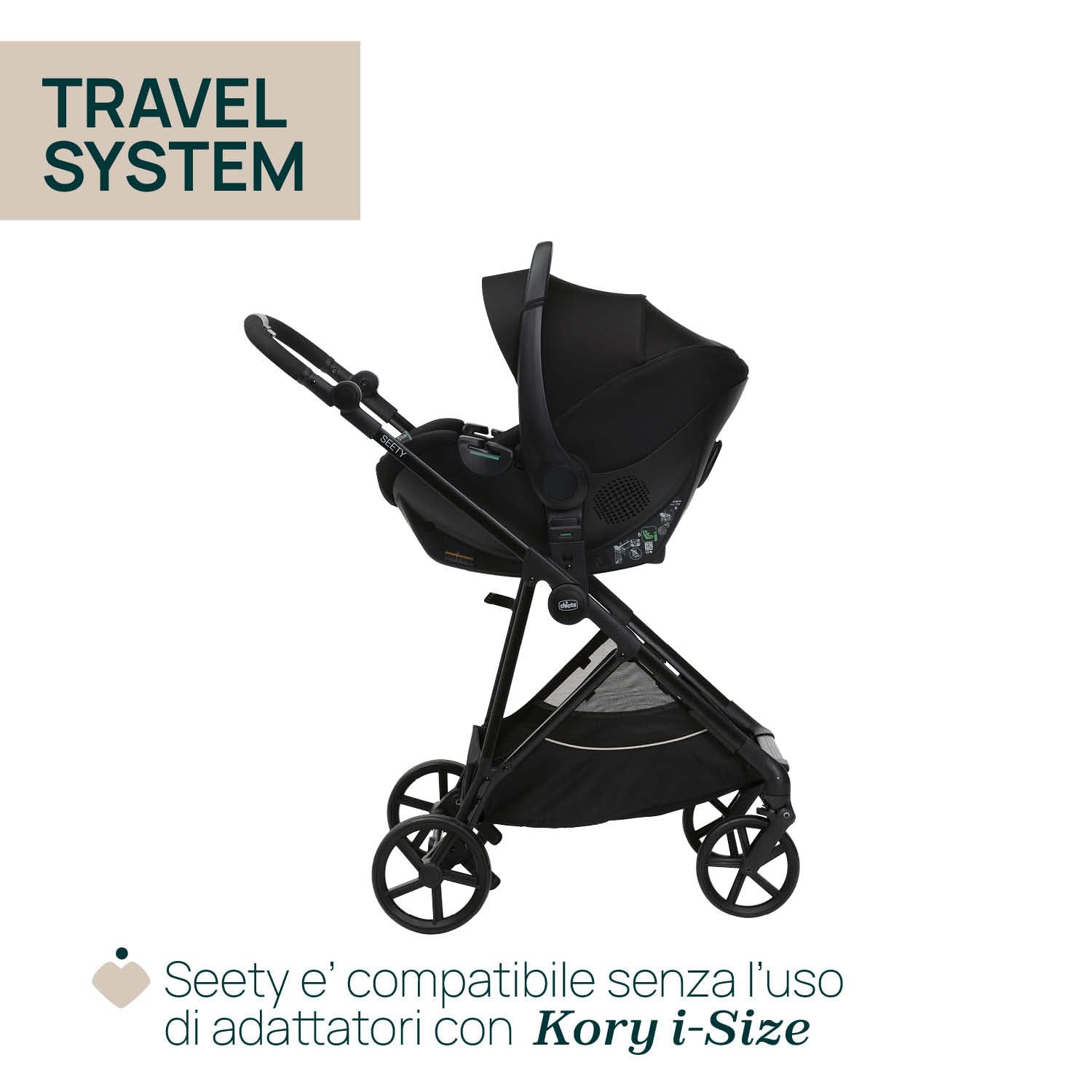 Chicco Trio Seety, Comprende Passeggino Seety con Telaio Ultraleggero, Navicella Ampia e Imbottita e Seggiolino Auto Kory Essential I-Size, Sistema Modulare Leggero e Compatto, 0 Mesi - 4 Anni