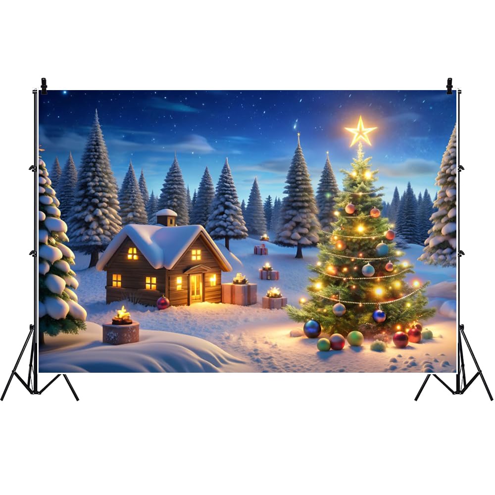 3.5x2.5m Fondo de Navidad de Invierno con casa de Madera, árboles de Navidad, pinos y Paisaje nevado para fotografía, Ideal para decoración de Fiestas de Año Nuevo en casa