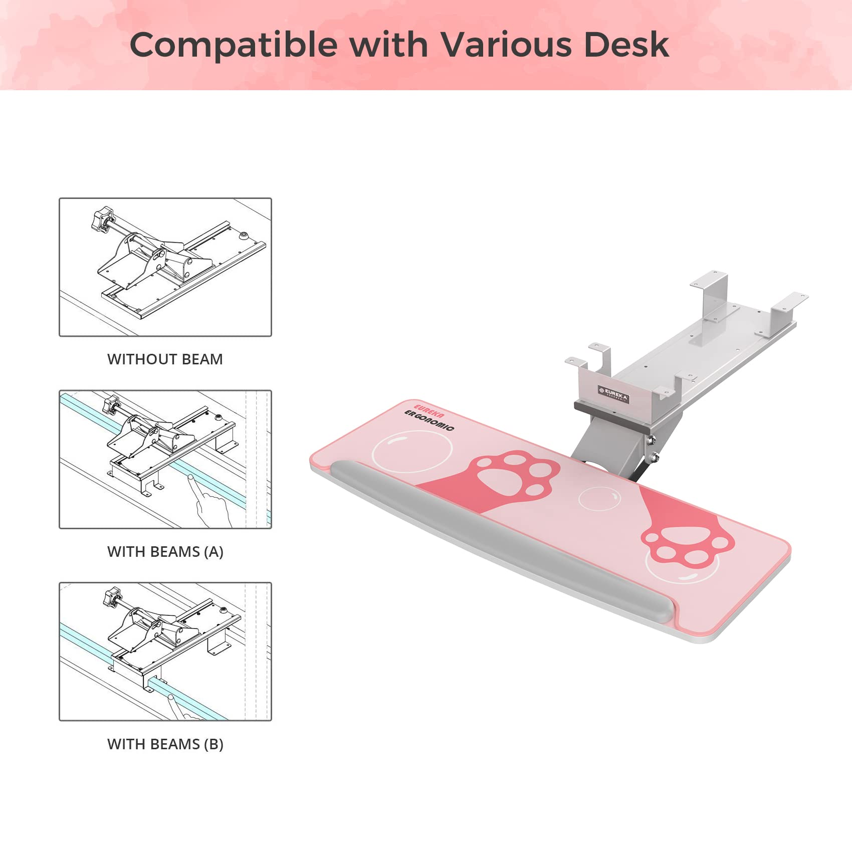 EUREKA ERGONOMIC,Keyboard Tray Under Desk,360°Adjustable with Wrist Rest,with Pink Mouse Pad