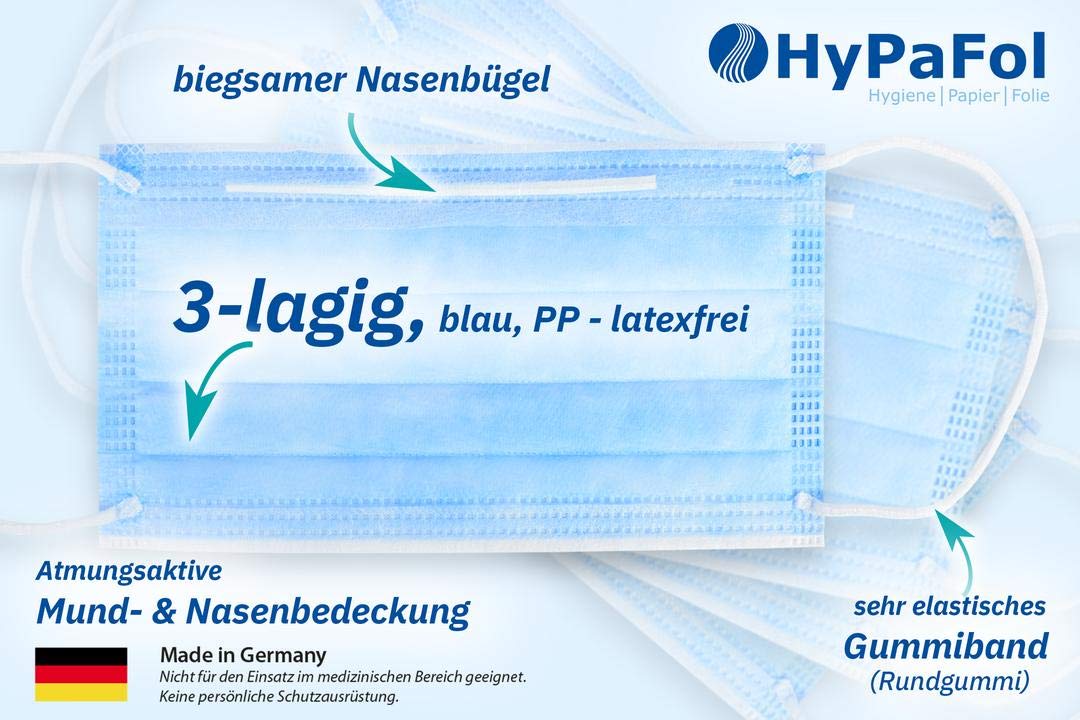 200 St. Mund und Nasenbedeckung Einweg, 3-lagig mit Vlies-Filter in blau | Maske mit Nasenbügel, für Brillenträger geeignet | Behelfs-Maske