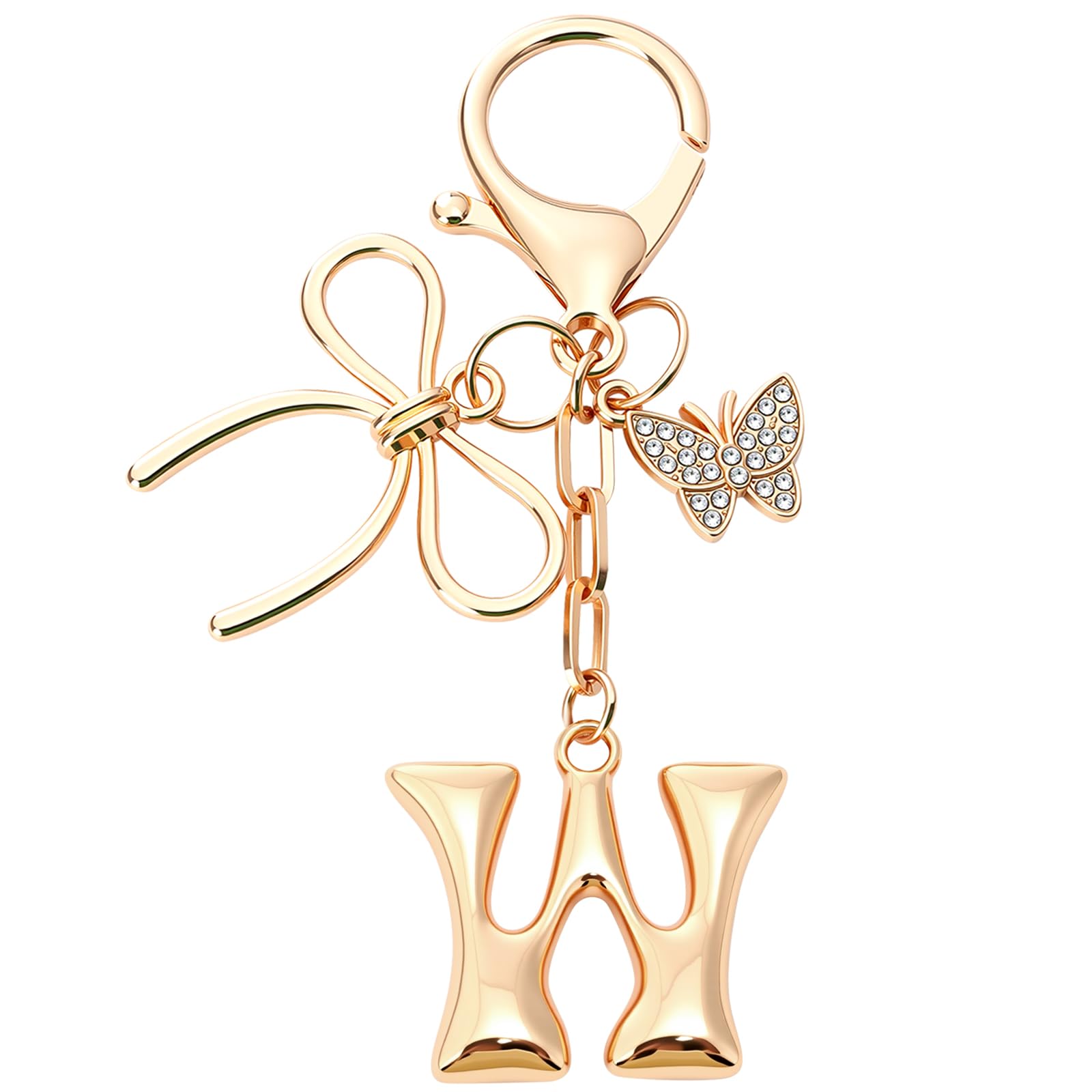 Sylixonae Bubble Initial Keychain with Bow & Butterfly - Gold Letter Bag Charms for Women, Cute Purse Handbag Accessories