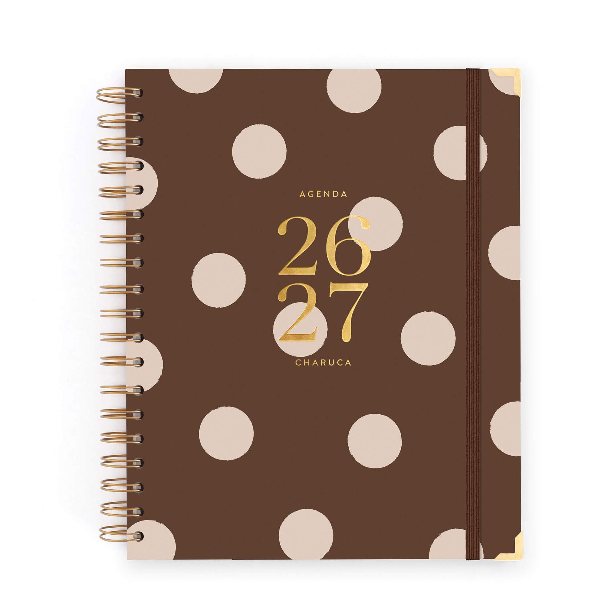 Agenda Charuca 26-27 Académica VISTA SEMANAL - Tapa Dura con Detalles Dorados, Tamaño GRANDE - Incluye BOLSA de Tela PROTECTORA y Marcapáginas - Hecho en España (CHOCOLATE LOVE)