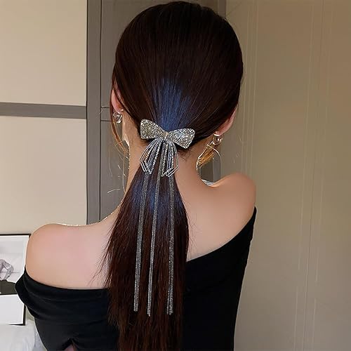 Miniatura 3 de Clip de lazo para el cabello con diamantes de imitación con purpurina, cadena larga, pasador de pelo bohemio de metal hueco con lazo, horquilla de
