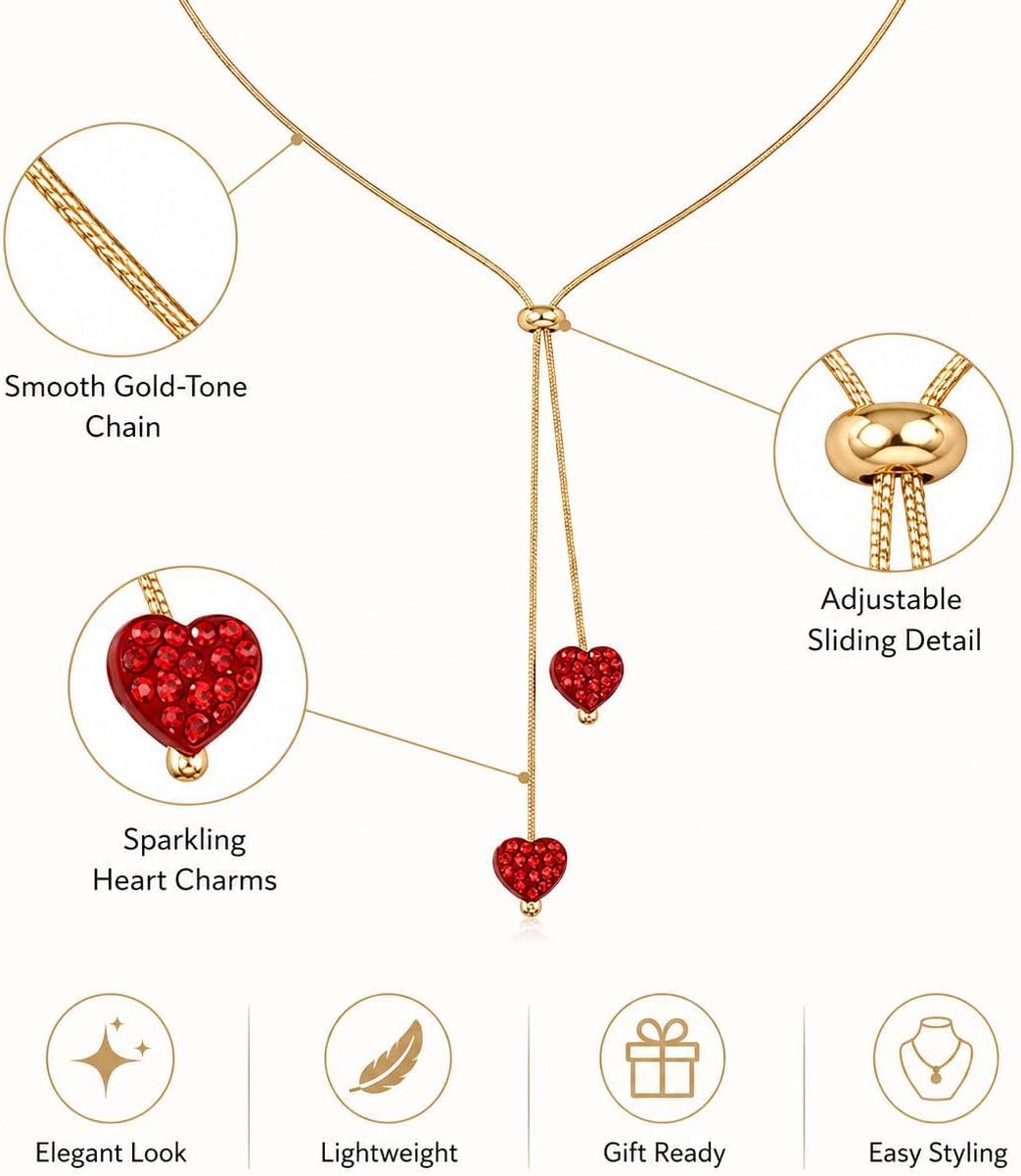 Red Heart Necklace for Women Crystal Pendant Lariat Long Y-Shaped Dainty Chunky Charm Trendy Statement Necklace Birthday Jewelry Accessories Gifts
