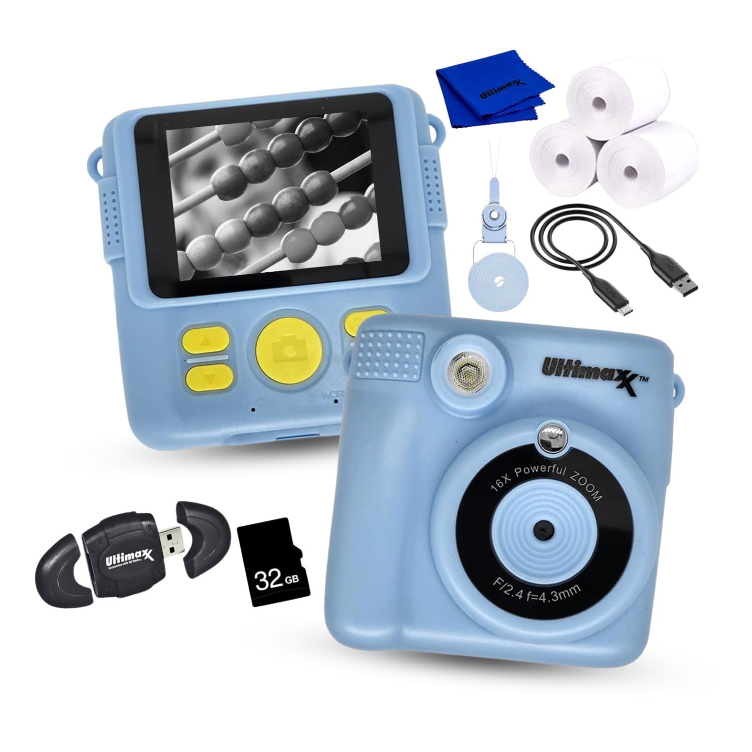 Ultimaxx Essential Instant Print Camera with 4 Games & 16X Zoom for Kids Toddler Girls Gift Bundle - Includes: 32GB SD Card, High-Speed Reader, Lanyard, Microfiber Cloth & More (9pc Bundle) (Blue)-picture-10
