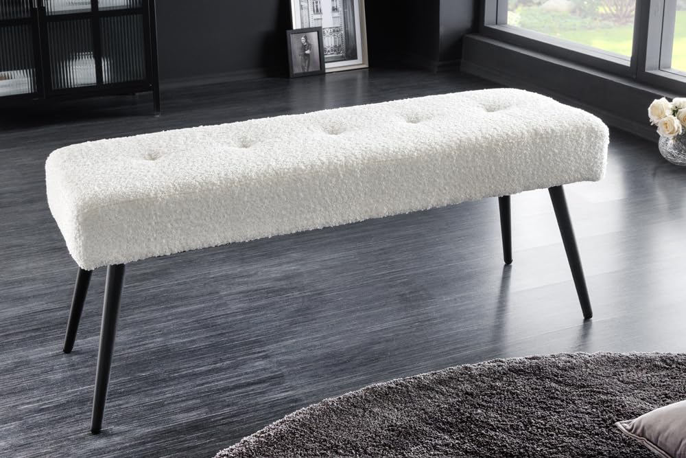 Riess Ambiente Design Sitzbank Boutique 100cm weiß Bouclé Schwarze Metallbeine Polsterbank Schminkbank Schuhbank Schlafzimmerbank Flurbank
