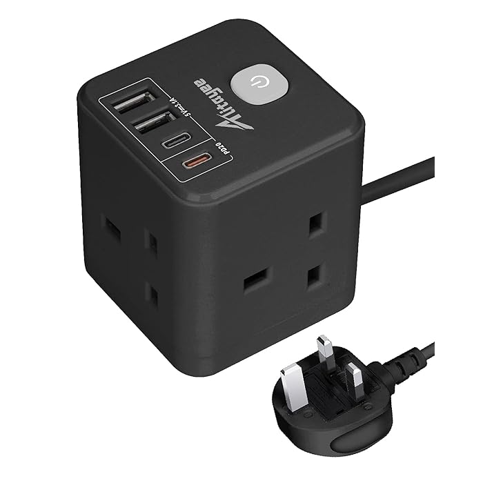 Buy Black Extension Lead USB Multi Plug, Power Cube with USB C PD 20W
