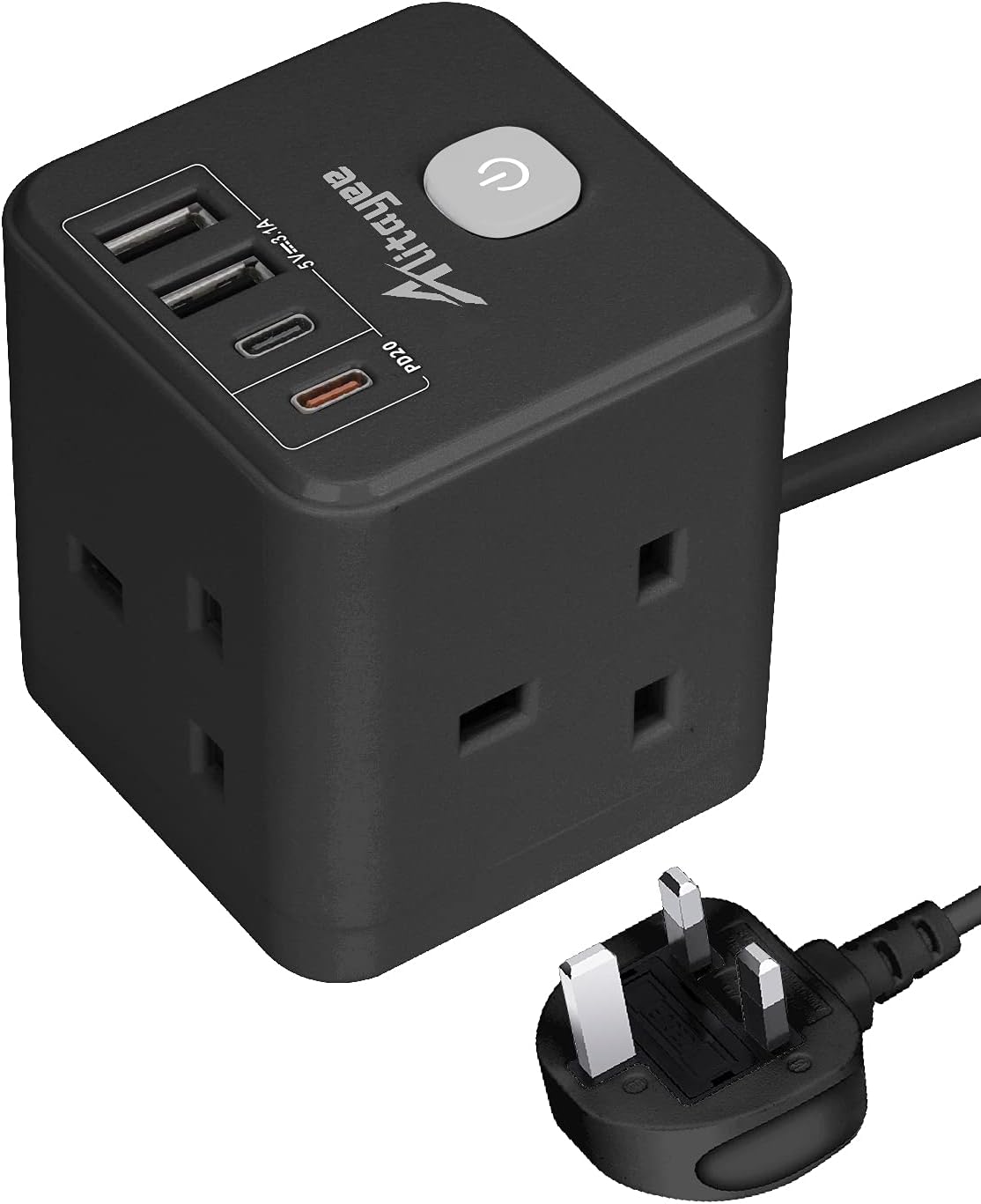 Black Extension Lead USB Multi Plug, Power Cube with USB C PD 20W Fast Charge, Portable Outlet 3 Sockets with USB Ports, Extension Plug Adapter Power Strip, Adapter Plug UK 1.8M Extension Cable-BLACK