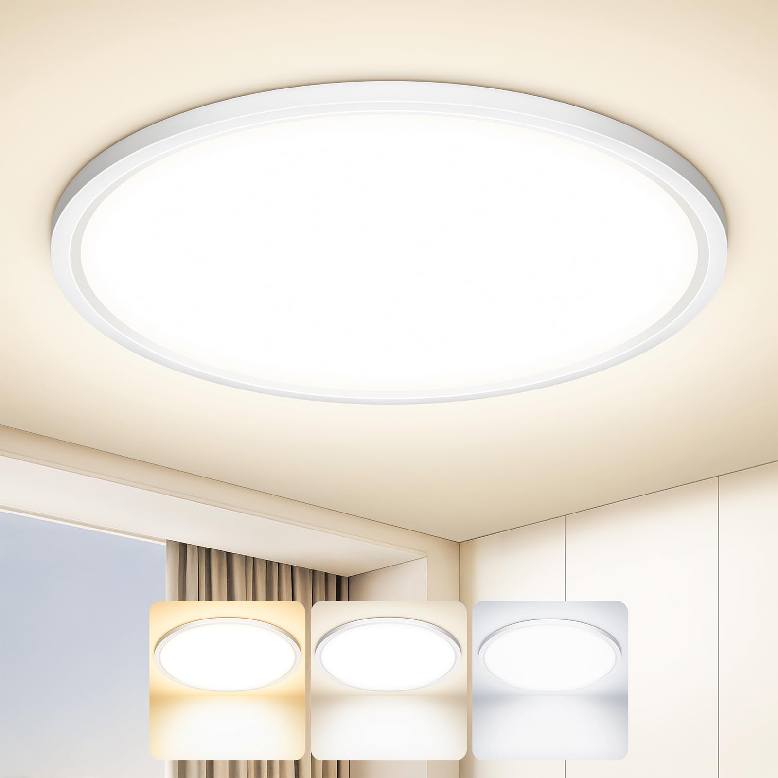 Tyreses Deckenlampe LED Deckenleuchte Flach Rund, 2400LM Ultradünn Lampe Decke, 3000K/4000K/6500K, Modern IP44 Wasserfest Badlampe für Wohnzimmer,Badezimmer,Schlafzimmer,Küche,Flur,Ø30CM