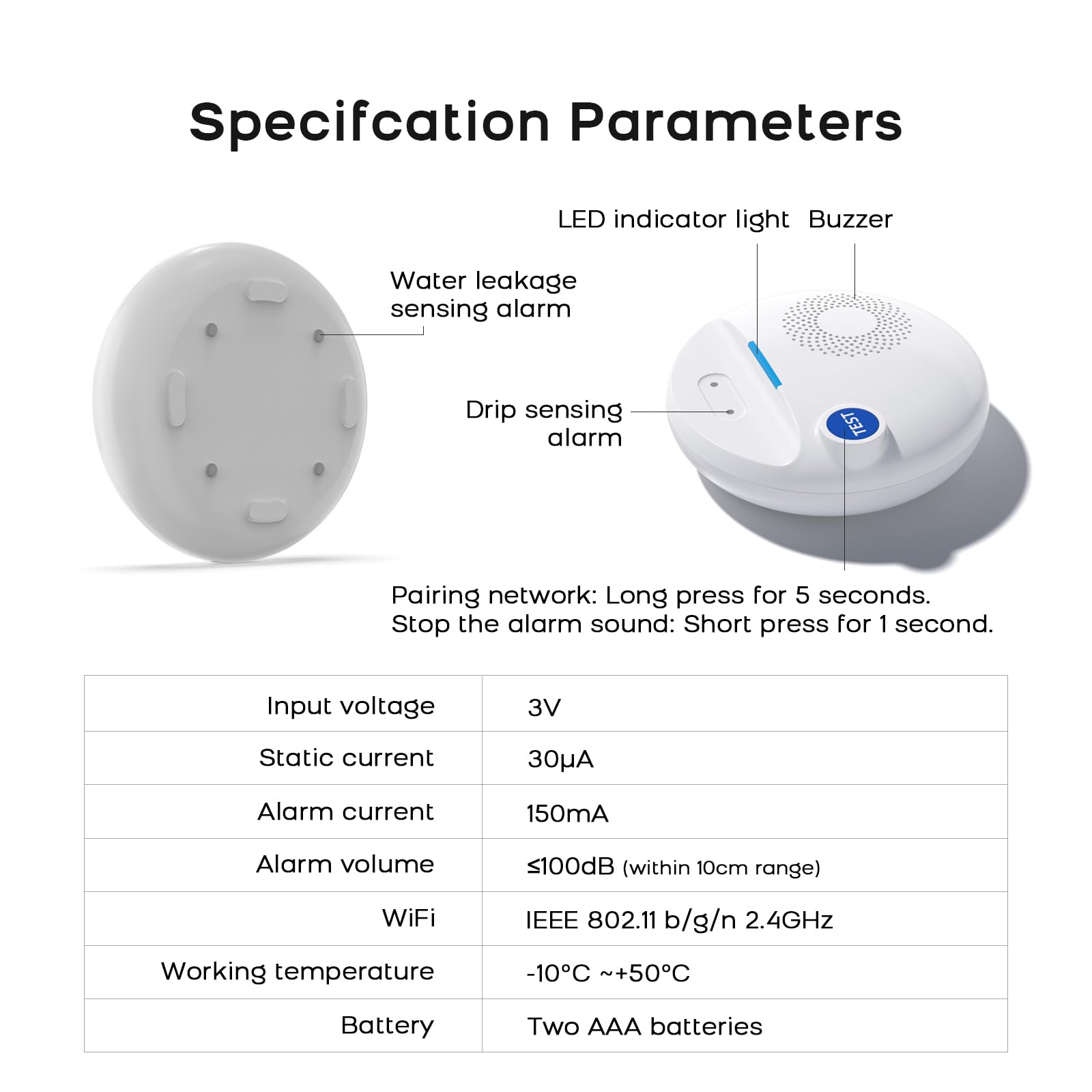 PGST Détecteur de Fuite d'eau Connecté WiFi 2.4GHz, Capteur de Fuite d'eau Hautes Sensibilités IP67 avec Alerte Sonore 100dB, Compatible Tuya Smart Life APP, Mensuel pour Cuisine, Salle de Bain