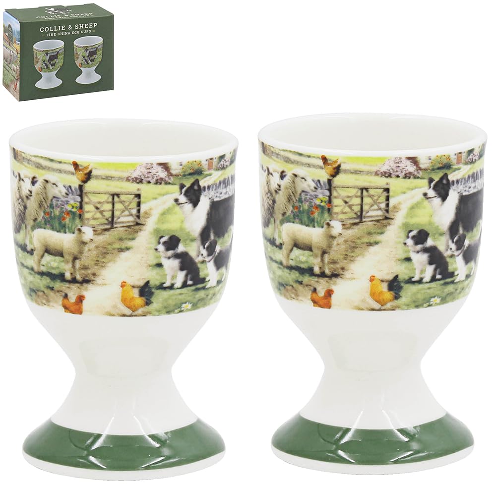 Ceramic Egg Cups Collie & Sheep Breakfast Serving Kitchenware Farm Design Gift