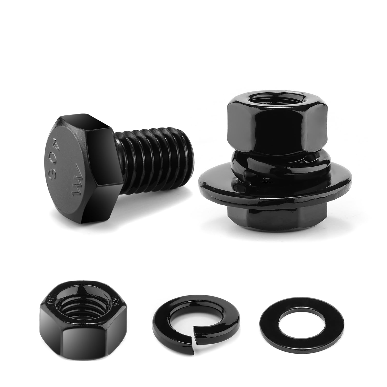 3/8-16 x 1/2" Hex Head Screw Bolt, Nuts, Flat & Lock Washers, 10Pcs 18-8 (304) Stainless Steel, Fully Threaded, Black Oxide by SG TZH