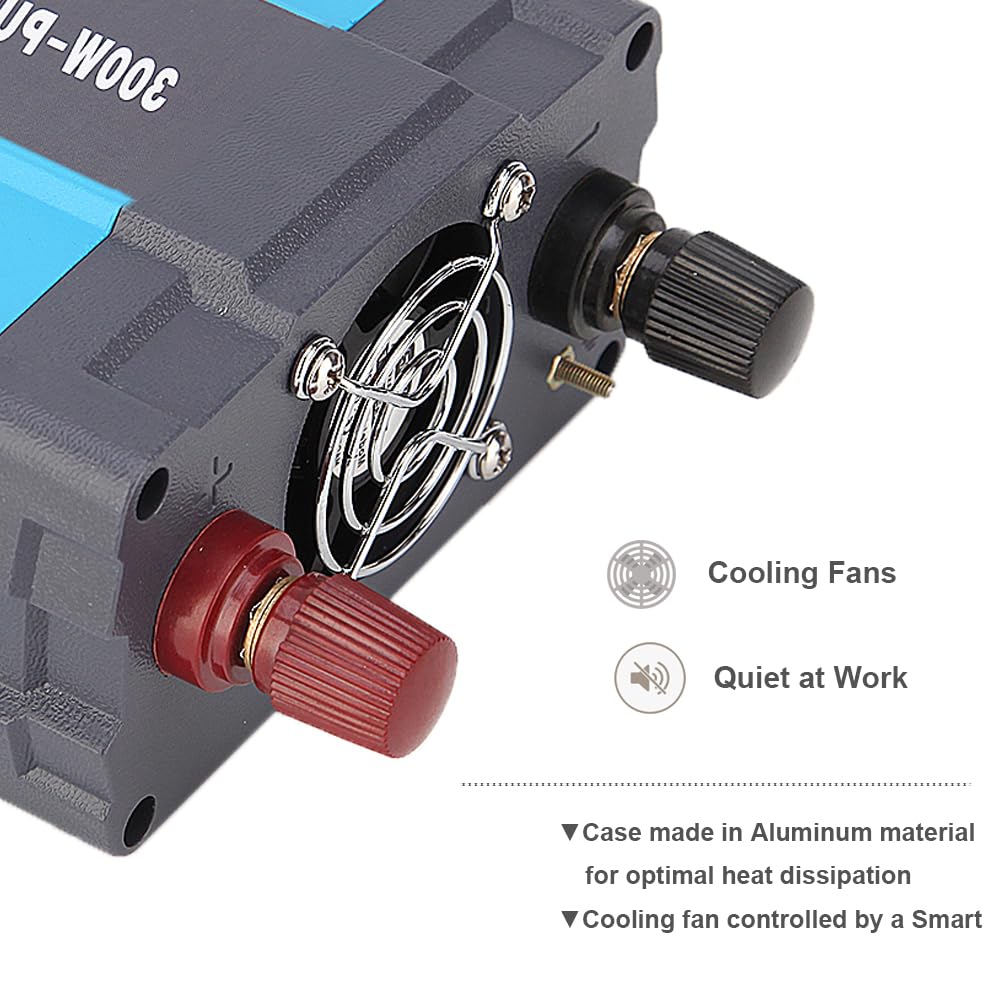 SolaMr 300W Inversor de Corriente Onda Senoidal Pura 12V DC a 220/230/240V AC Convertidor con Puertos de Carga USB 1 A y Tomas AC para Sistemas Montados en Vehículos y Sistemas Domésticos - 300W