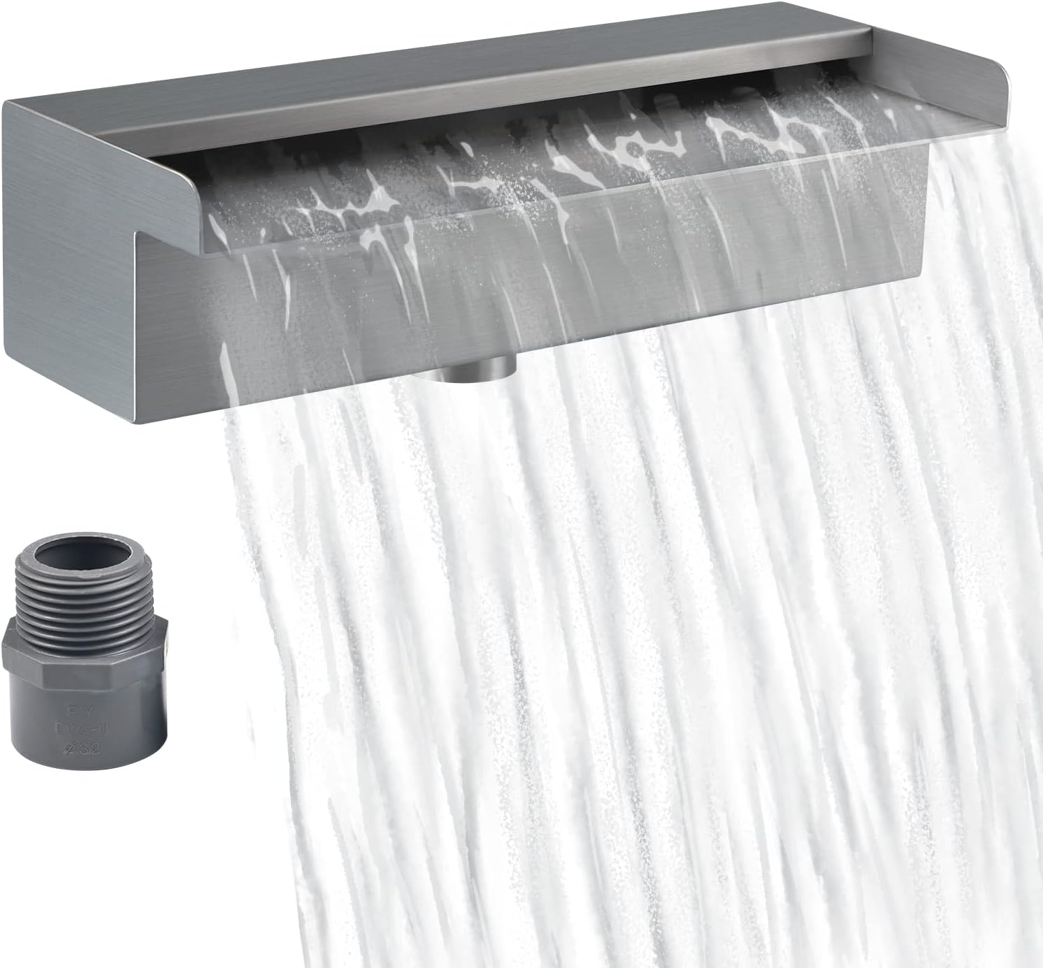 Skelang 304 Stainless Steel Waterfall Pool Fountain with Connector, 30cm Water Feature Spillway, Rectangular Waterfall Blade for Garden Pond, Swimming Pool (Brushed Nickel)