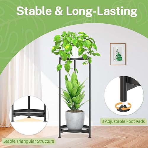 Miniatura 7 de iDavosic.ly Soporte de esquina de 2 niveles para plantas de interior, estante vertical alto de metal resistente para macetas al aire libre para Negro