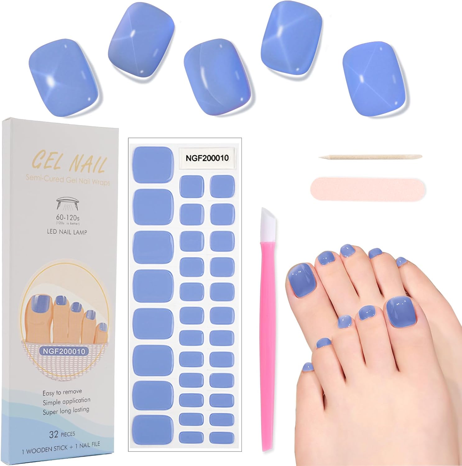 32pcs Semi Cured Gel Toenail Strips, Gel Pedicure Strips, Toe Nail Stickers, Needs to Be Cured With a Lamp, Come With Nail File, Wood Cuticle Stick, Plastic Press Stick（Sky Blue）