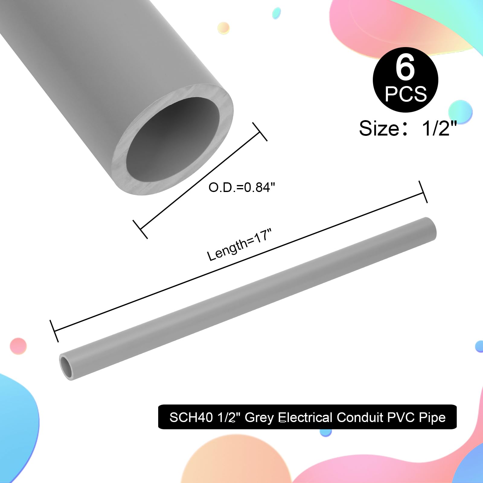 6 Stück 1,27 cm graue elektrische Leitungen, PVC-Rohr, 43,2 cm lang, Sch40, starres PVC-Rohr, runde Rohre, Hardware-Schläuche für Zuhause, Heimwerker, elektrische Verkabelung, Installation
