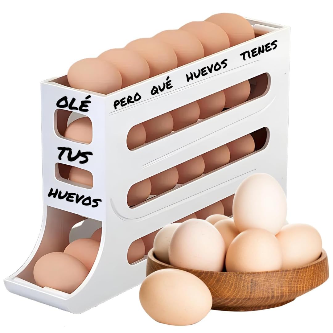 Dispensador de Huevos para Nevera con Deslizamiento Automático – Organizador de Huevos Nevera Transparente de Plástico – Huevera Frigorífico con Tapa y Pegatinas