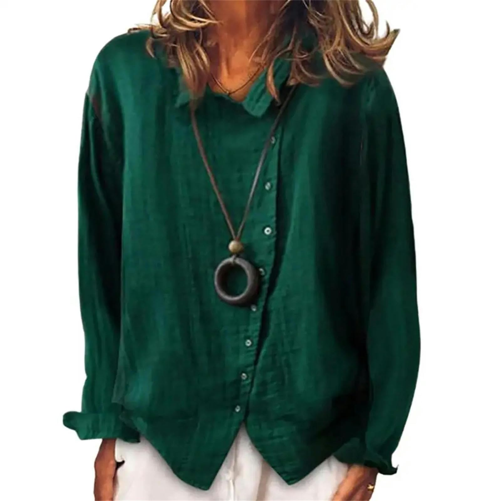 Camicia Donna Elegante Camicie Casual di Colore Solido Donne Camicie in Lino A Maniche Lunghe Autunnali per Donne Tunic Top Ladies Camicie-Bianco-2Xl