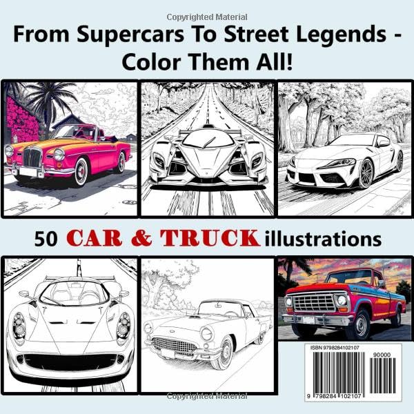 Cars Coloring Book: 50 Unique Illustrations of Cool Cars, Trucks, and Motorcycles for Kids and Adults Who Love Vehicles image 3