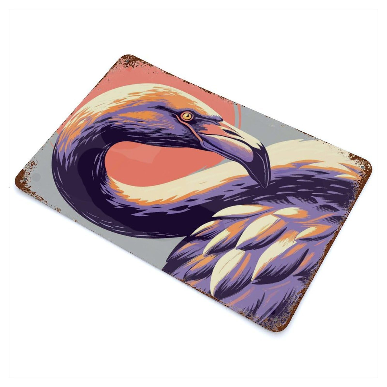 Stylized Flamingo Portrait with Bold Colors Rusty Metal Tin Sign 11.8"x7.9", for Patio, Garden Room And Bar Decor, Old School Wall Decor