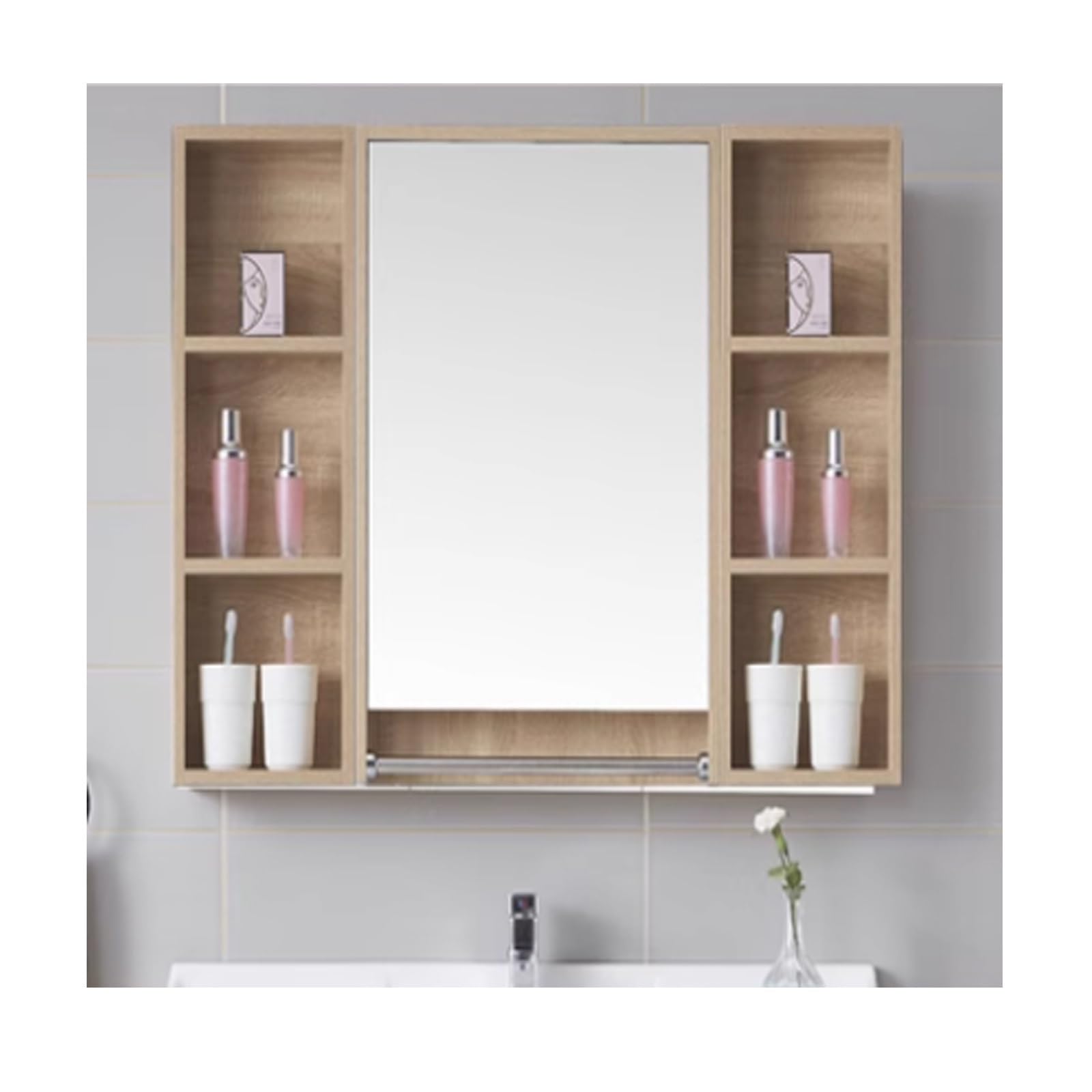 FLYIODFCXV bathroom mirror cabinet, Solid Wood Board, High-Definition Mirror, Multi-Layer Storage, Sturdy and Durable(Log,90cm/35.4in)