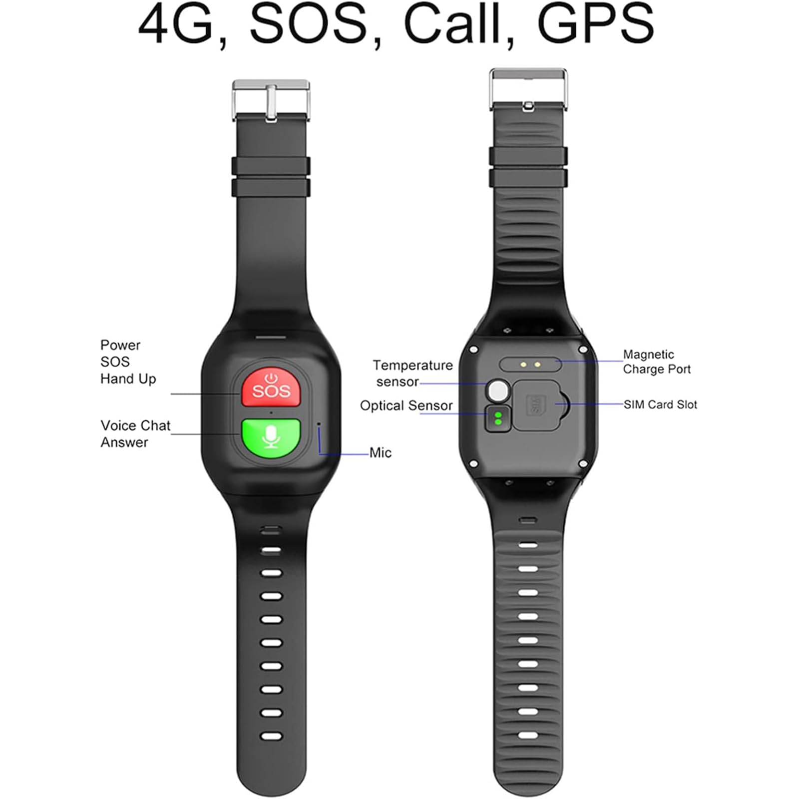 Reloj inteligente de detección de caídas para personas mayores, pulsera de seguimiento GPS con llamada de voz, SOS, geocerca, recordatorio de vibración, ideal para pacientes con demencia, Alzheimer