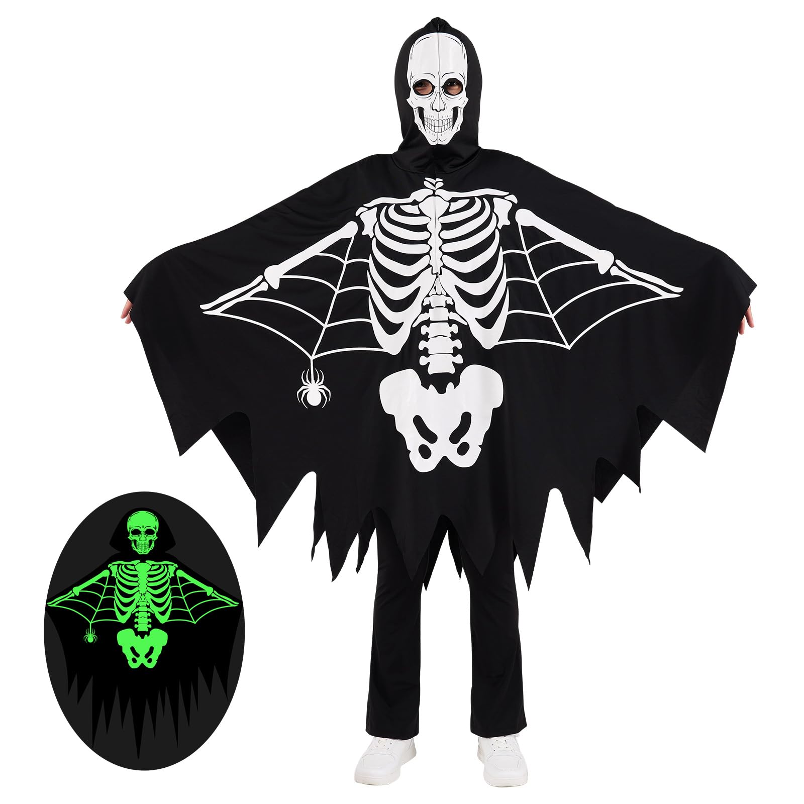 ESHOO Kids Halloween Skeleton Cloak Toddlers Glow in Dark Hooded Cloak Halloween Wings Poncho Cape Cosplay Role Play