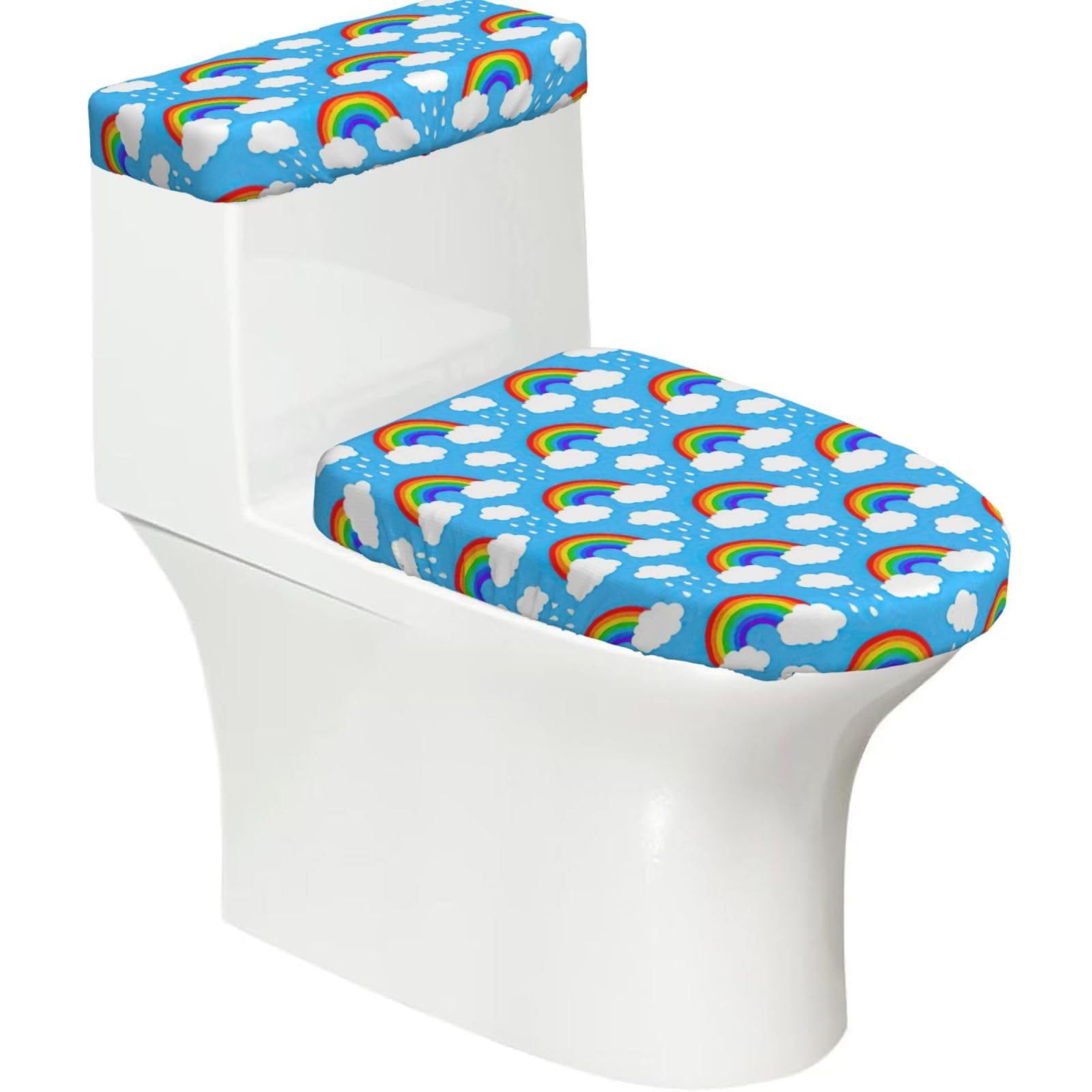 Rainbow Clouds Raindrop Print Bathroom Decor Toilet Lid Cover And Tank Covers, Restroom Accessories Fits Most Round