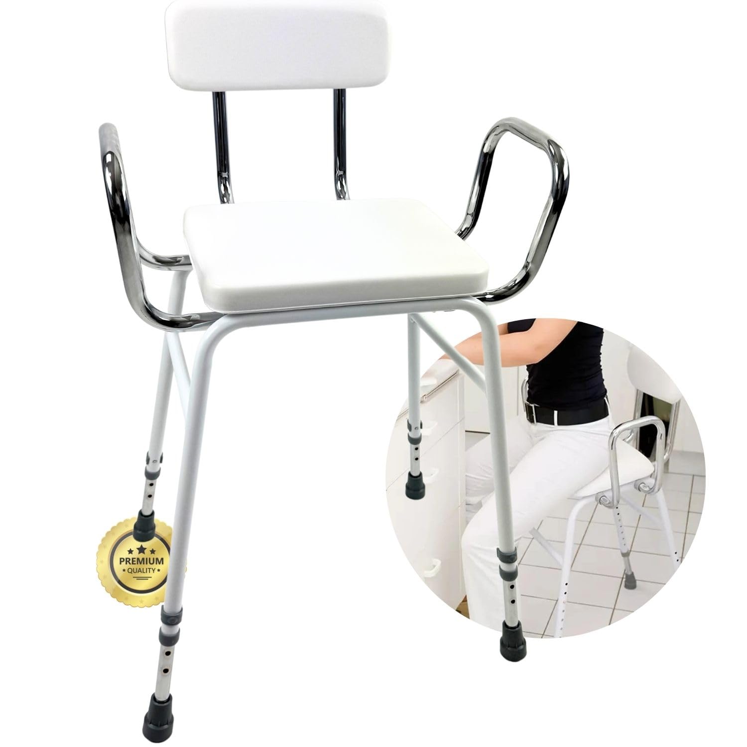 OrtoPrime Taburetes Altos de Cocina TAREAS HOGAR Silla Alta para Cocinar Regulable Silla de Apoyo con Reposabrazos - Silla Alta Ortopédica Ancianos - Taburete Cocina Alto con Respaldo Acolchado