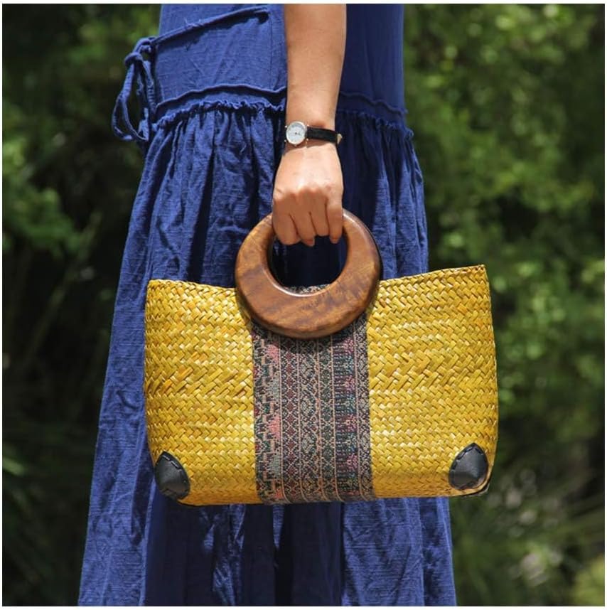Women Summer Retro Straw Bag with Printing Pattern Hand-woven Beach Handbag Top Round Handle Boho Tote Bag Shopping Travel Large Bag (Yellow 2)
