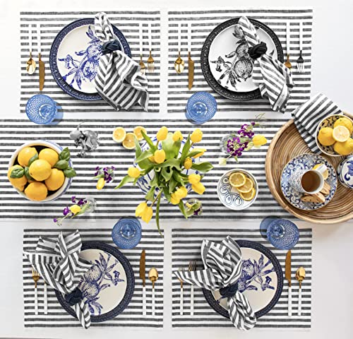 Image of Solino Home 100% Linen Napkins, 20 x 20 in, Black, Amalfi Stripe, Set of 4 | elevate everyday dining and special gatherings, woven stripe, European flax fibres, machine washable, OEKO-TEX Certified