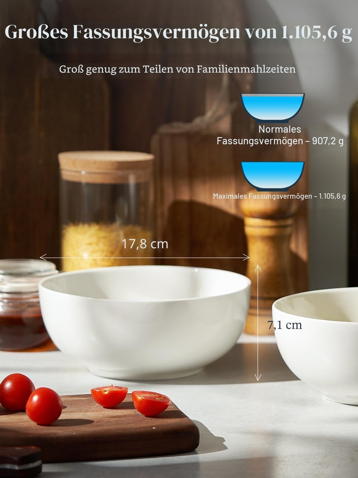 DOWAN Große Suppenschüsseln, 1100 ml Müslischalen, weiße Servierschalen, Φ18 cm, stapelbare Keramikschalen für Küche, Pastaschüssel-Set, 4 Packungen splitterfeste Keramik