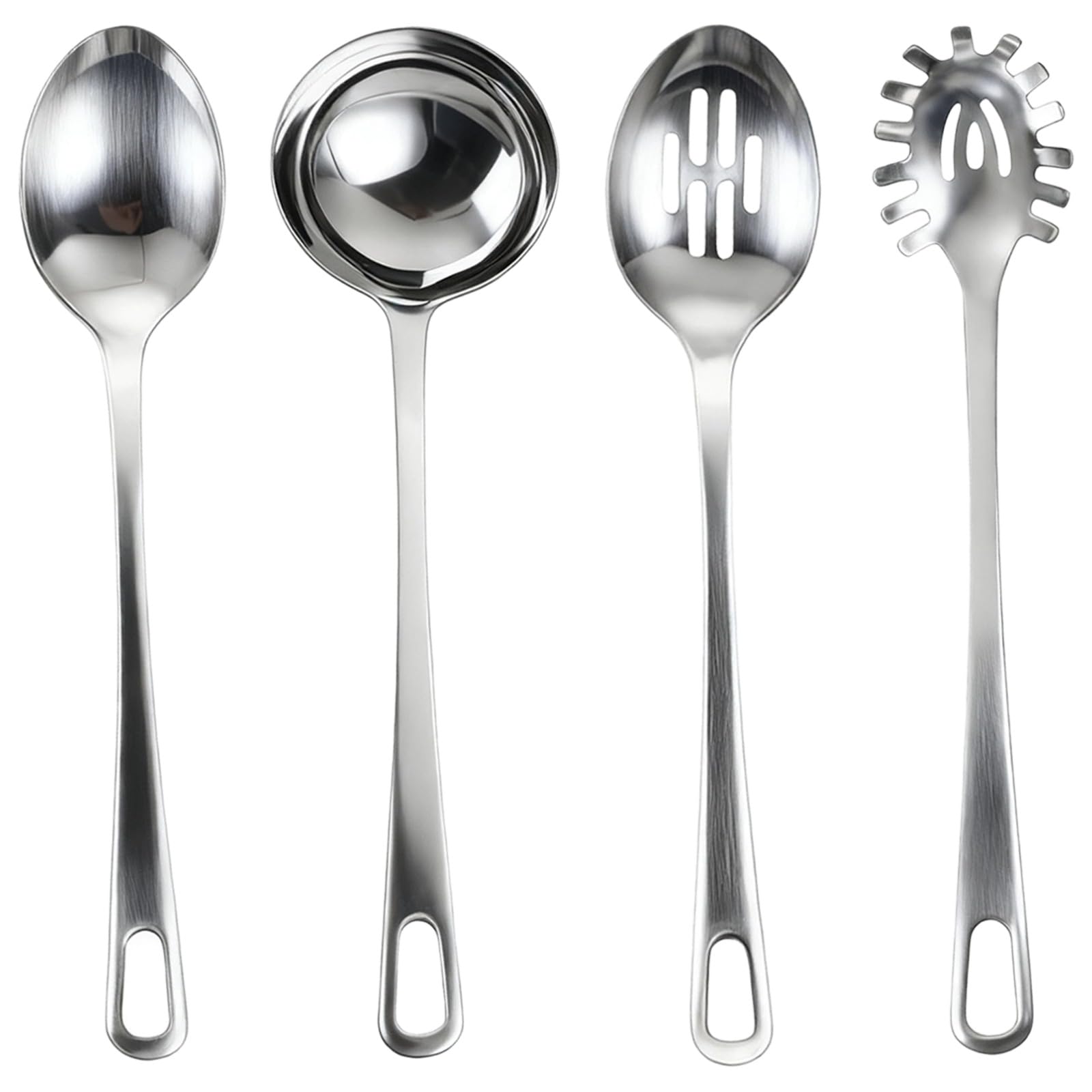 4 Stk Edelstahl Küchenutensilien Set aus 430 Edelstahl, mit Suppenkelle, Schlitzlöffel, Spaghettiheber und Kochlöffel mit langem Griff, Küchenhelfer Set für Zuhause und Küche