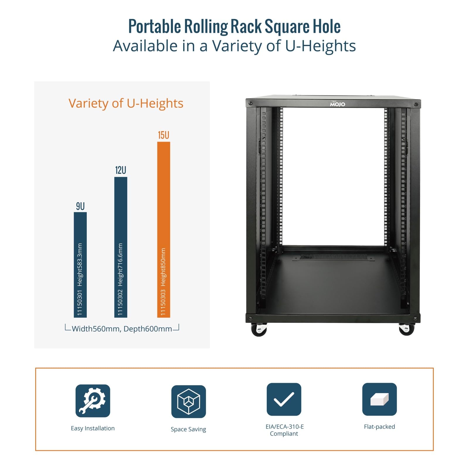 Tecmojo 9U Portable Rolling Network Rack, 4-Post Mobile Open Frame Server Rack With Wheels, Free Standing Server Cabinet For Computer/Data/AV/IT Equipment/Network Equipment