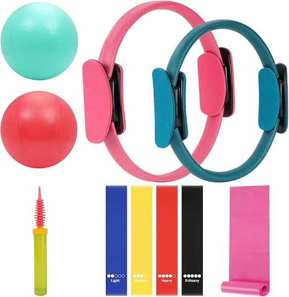 WOCUME Pilates Ring Fitness Circles Set, Dual Padded Handles Home Pilates Equipment Set for Women Includes 2 Pilates Ring, 2 Pilates Mini Ball, and 5 Resistance Bands at Home Pilates Workout Set