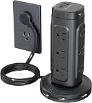 TROND Tower Power Bar Surge Protector, PD 20W USB-C 12 Outlet 5ft White | Retractable Flat Plug Extension Cord, Space-Saving Vertical Power Strip 1700J, Home Office Desk Dorm Essentials