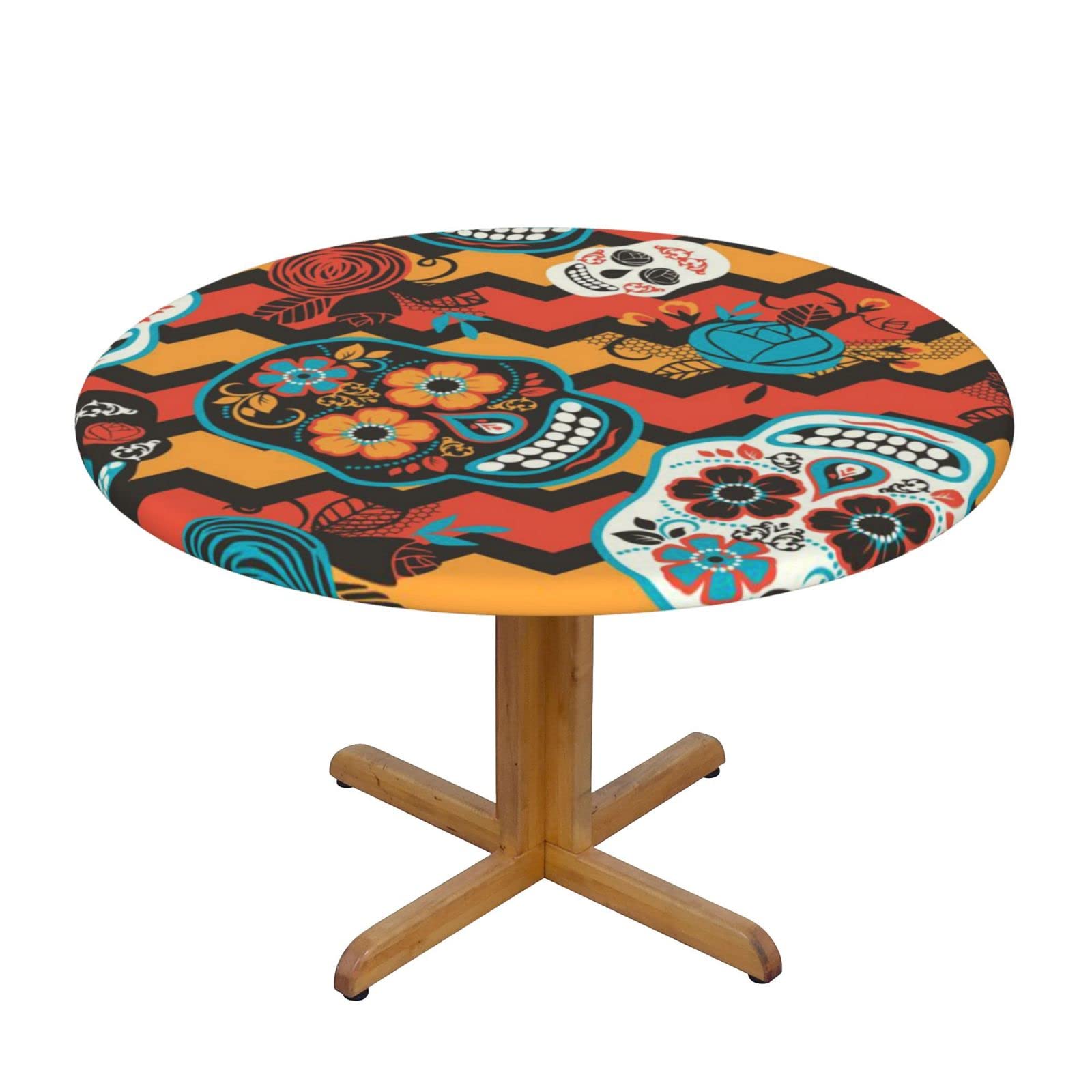 Lsjuee Round Fitted Tablecloth 45-50in Elastic Edged Table Cloth for Kitchen Dining Party Home Decor - Skull Colored Death Floral