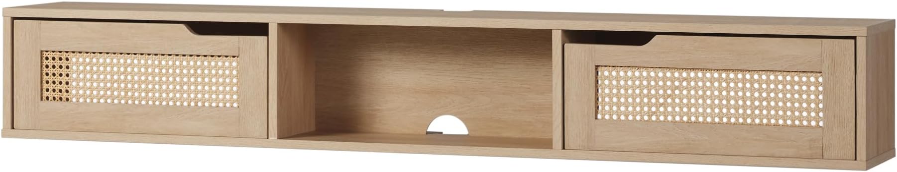 Walker Edison Modern Rattan Flip-Down-Door Wall-Mounted Floating Stand for TVs up to 65 Inche, 58 Inch, Coastal Oak