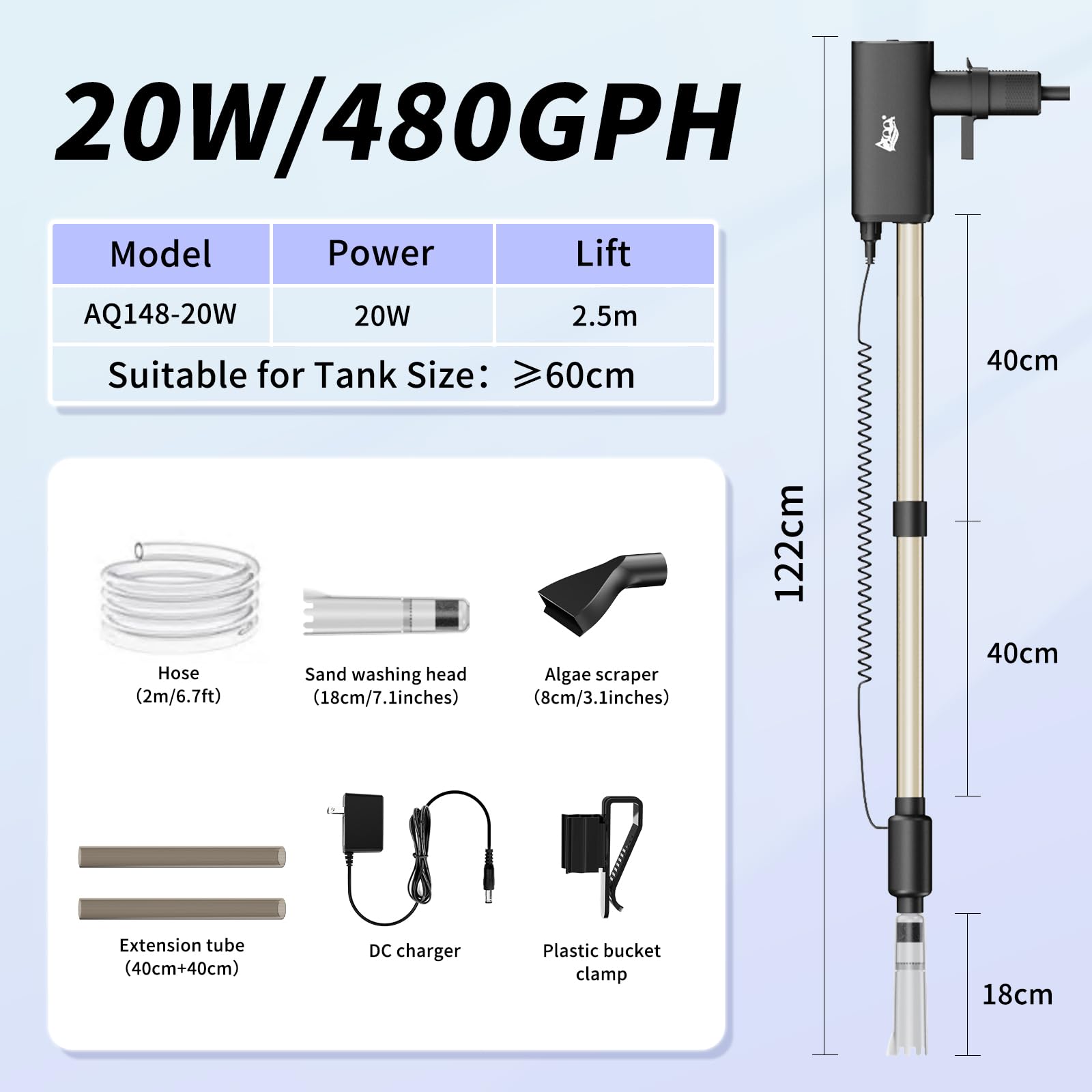 AQQA Limpiador de grava al vacío para acuario, 20 W, eléctrico, recargable, herramientas para cambio automático de agua, limpieza de desechos y lavado de arena, fuerte succión con 4 velocidades