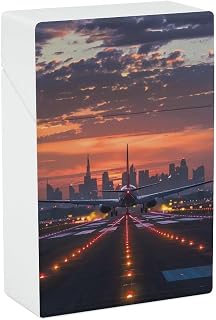 Beautiful Airport Night Landscape Airplane Cigarette Case Portable Cigarette Holder Storage Box with Flip for Women Men