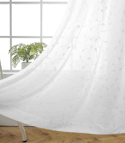 MIUCO Floral Embroidered Semi Sheer Curtains Faux Linen Grommet Window Curtains