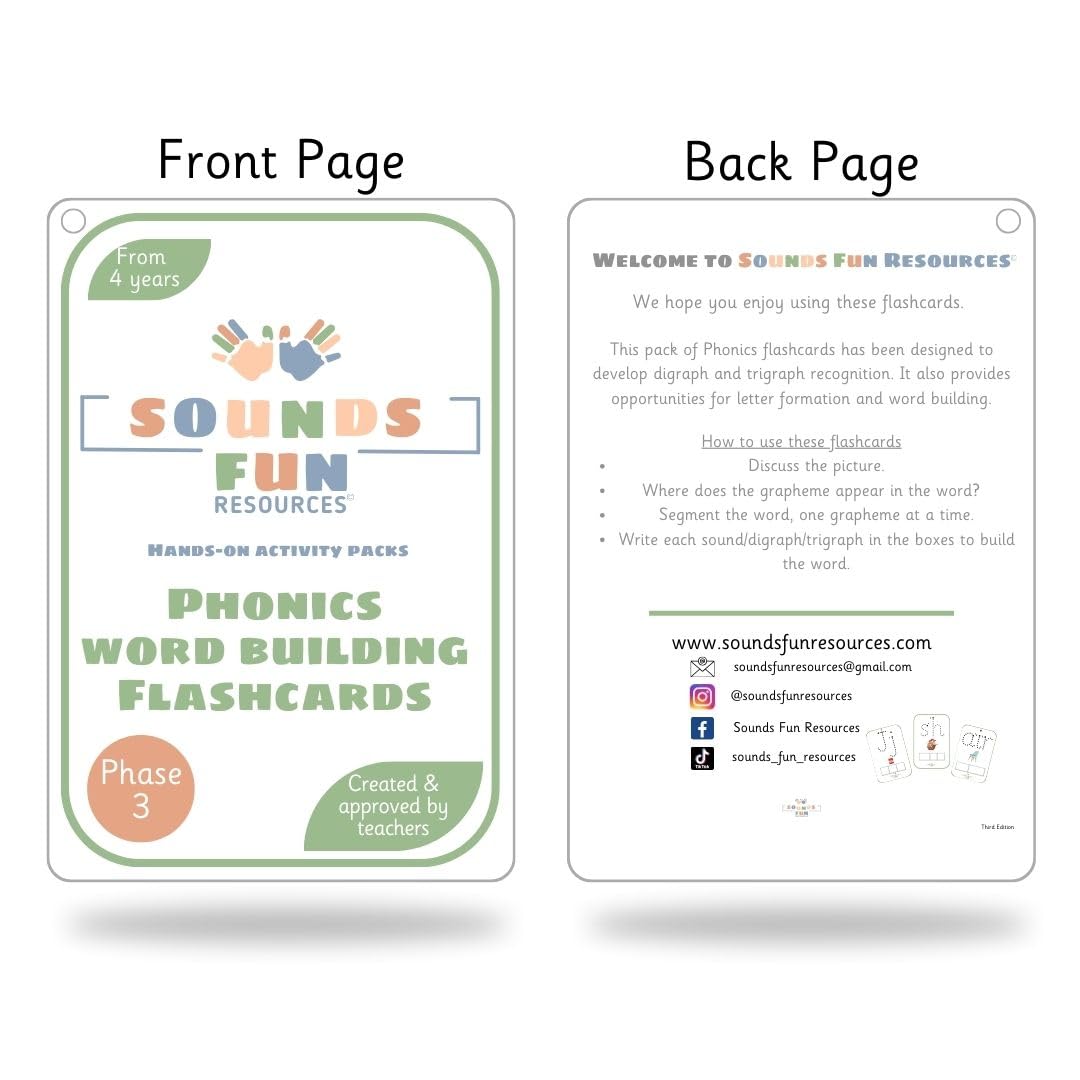 Phase 3 Word Building Phonics Flashcards, Wipeable A6 Educational cards for Children Ages 4+, Laminated with Binder Ring & Pen, Dotted Font & Word Building Frames, Home & School, Sounds Fun Resources - Image 3